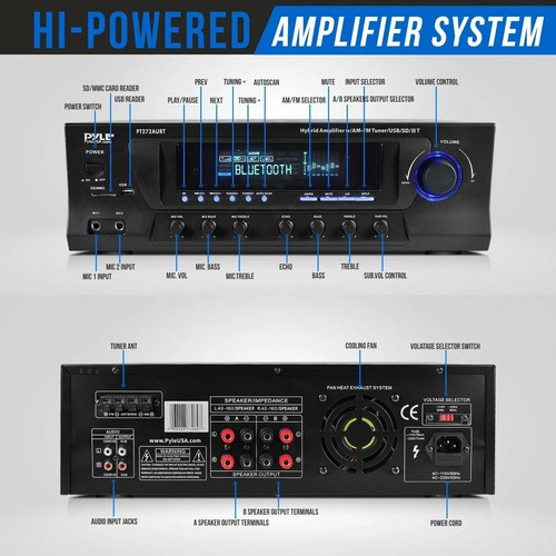 Pyle Amplificatore Stereo 300W #PT272AUBT USB/SD, Bluetooth, Telecomando, Sintonizzatore AFM - Foto 4 di 20