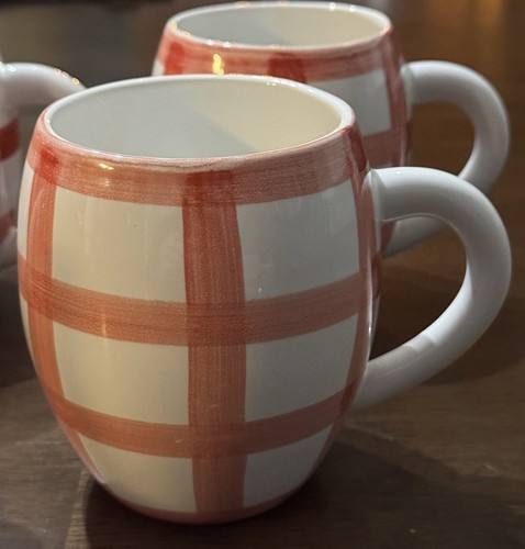 Von Pok & Chang Gingham White And Pink Plaid Ceramic 4.75" Mugs Set 4 - Picture 4 of 24