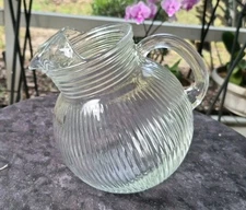 Vtg Hazel-Atlas MCM Fine Rib Tilted Clear Pitcher With Ice Lip 6"