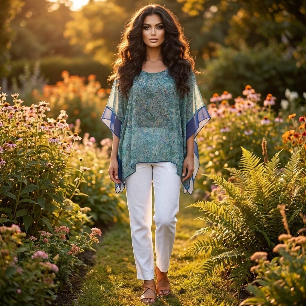 Qurvii Poncho Top Womens 3XL Blue Paisley Boho Festival Coastal