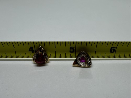 Ladies 10k Yellow gold Trillion Cut Ruby & Diamond Halo Stud earrings, 2.8g - Picture 11 of 11