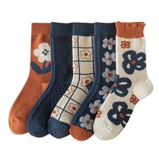 5/10 Pairs Wool Socks for Women Thick Knit Vintage 5-9 5 Pairs-blue Flowers