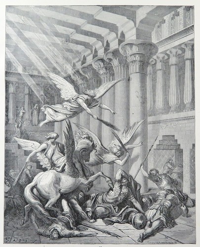 Christian Bible Story HELIODORUS PUNISHED IN THE TEMPLE 1890 antique engraving