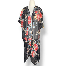 Band of Gypsies Black Dark Floral Sheer Kimono Duster Boho Cover Up Small