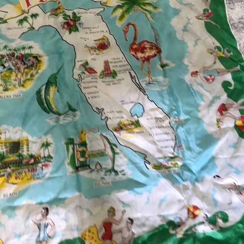 VINTAGE FLORIDA SOUVENIR SCARF BEACH SCENES PLAYING SURF CITIES MAP BIRDS 1950’s - Picture 10 of 16