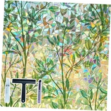 Stained Glass Window Privacy Film Decorative 17.5 x 78.7 Inch Leaf Rainbow