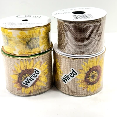 Yellow Sunflower Burlap Ribbon Lot of 4 Total of 36 Yards Crafts Bows Wreaths - Image 1 of 4