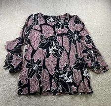 Alfani Womens Size XL Black Floral Top Ruffle 3/4 Sleeve Romantic Fairy Office