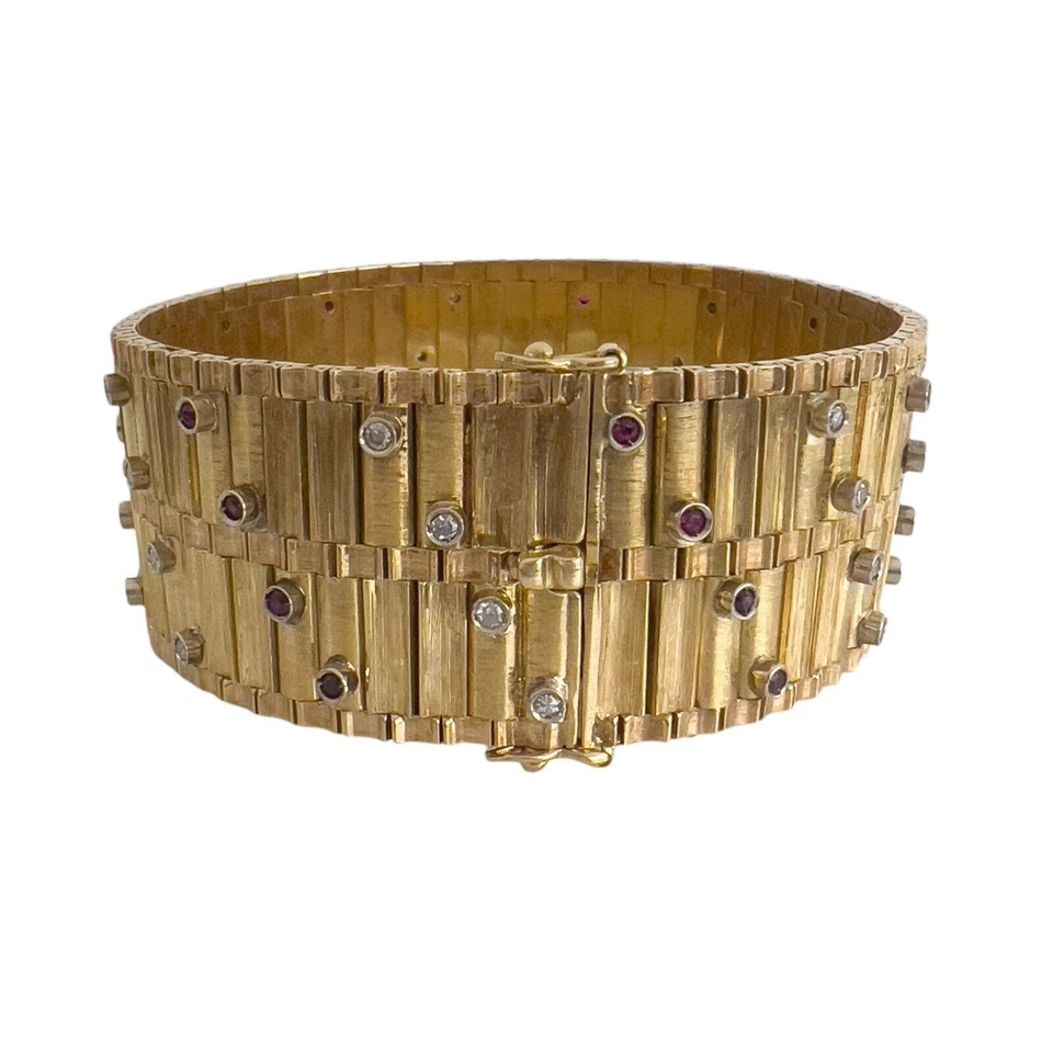 18k Yellow Gold Diamond & Red St Bark Finish Hidden Clasp Bracelet 6.75" 79g - Image 3 of 4