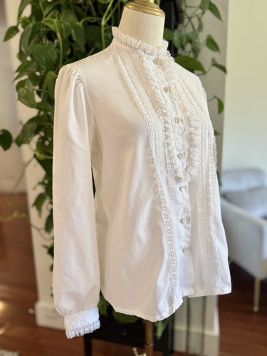 Gr. 12 M Vintage Damen Urlaub weiß Spitzenbesatz Bluse Langarm Oberteil Shirt Rüschen - Bild 4 von 9