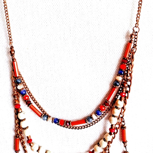 Collana Multi Catena Frange Vetro Perline Legno Zingaro Hippie Boho Vintage 22"+9" - Foto 4 di 19