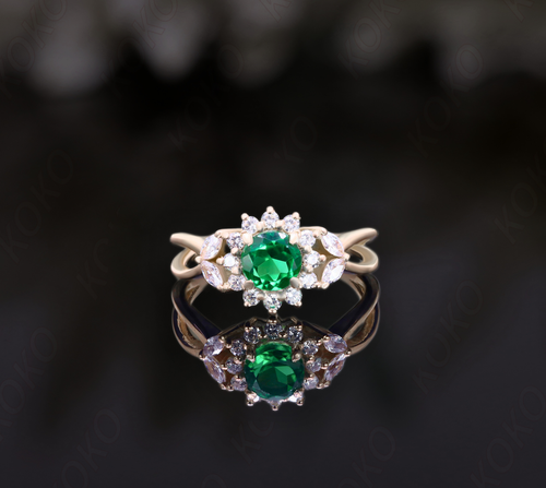 Round Lab Created Emerald Silver 14K Rose Gold Plated Engagement Wedding Ring - Foto 8 di 11