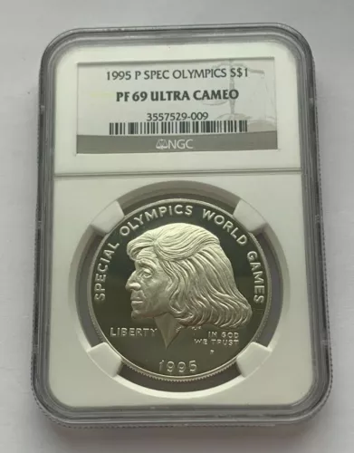 1995 P SPECIAL OLYMPICS WORLD GAMES PROOF NGC 69 ULTRA CAMEO SILVER 1$ COIN
