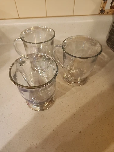 Set/3 VTG Anchor Hocking Clear/Lite Blue Tinted Glass Footed 16oz Cafe Mugs