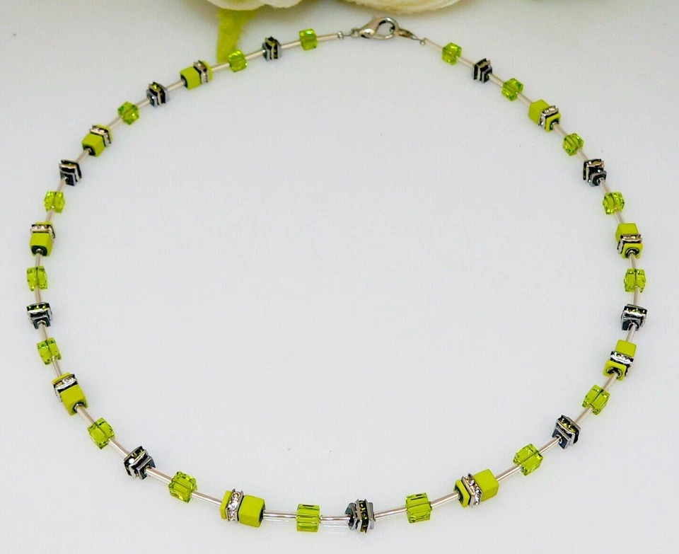 Halskette Würfel Hämatit Quadrat Glas Cube Strass lemon Kiwi Apfel oliv 519e - Bild 4 von 4