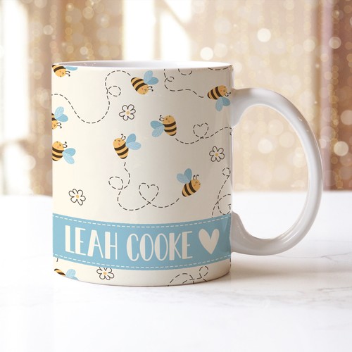 Personalised Coffee Tea Mug BEE HAPPY Name Heart Girls Ladies Yellow Decor Gift - Picture 3 of 4