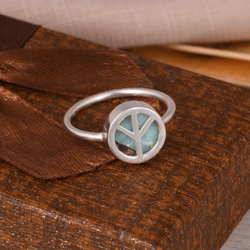 Peace Symbol Ring 925 Sterling Silver Jewelry Gift For Her With Copper Amazonite - Picture 3 of 7