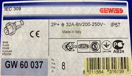 GEWISS GW60037 Straight Industrial Plug, IP67, 2P + E, 32A, 200-250V - Picture 6 of 7