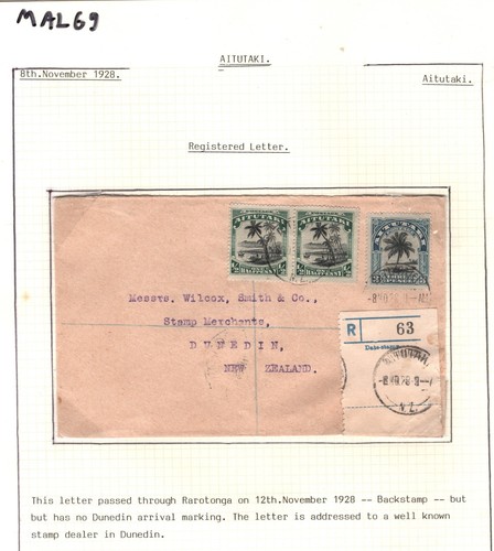 AITUTAKI/COOK ISLANDS Cover Registered New Zealand Dunedin 1928 MAL69 - Picture 9 of 12