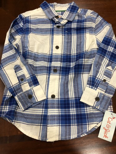 Boys Cat & Jack Plaid Flannel Button Up Shirt Blue XS 4/5 Brand New