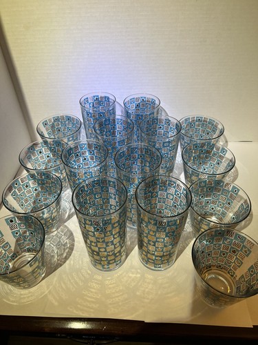 16 Culver Bar Glassware Set of 8 Tumbler 8 Highball Pattern Cuv100 Aqua Gold MCM - Picture 3 of 12