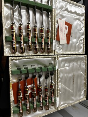 Excellent con Royal Crown Derby Old Imari 6 Forks + 6 Knives w/Porcelain Handles