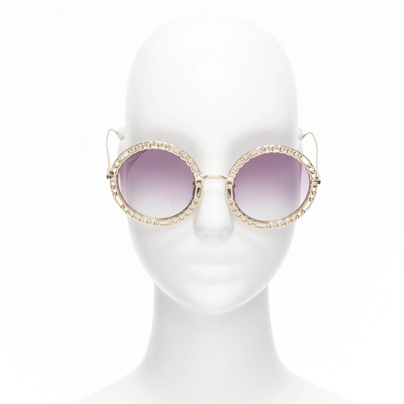 GUCCI GG1113S jante chaîne dorée lentille ombre violette ronde oversize sunnies