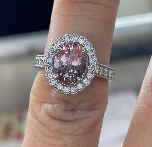 2Ct Oval Cut Lab-Created Morganite Engagement Ring 14K White Gold Plated Silver - Picture 7 of 7