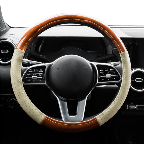 15'' Beige Steering Leather Car Wheel Wood Grain Cover Breathable Anti-slip USA - Foto 10 di 11