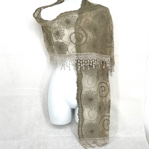 Boho Fabric Dahlia Swirls Scarf Wrap Embroidered Mesh Crochet Trim Stevie Nicks - Picture 2 of 7