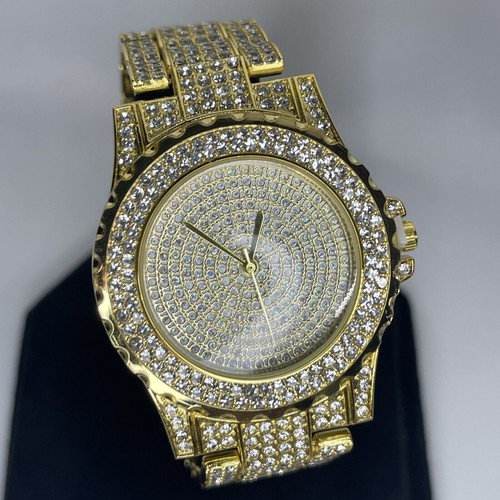 Gold Tone Crystal Watch Men's Fashion Streetwear Style Hip Hop Bling NWT - Picture 19 of 21