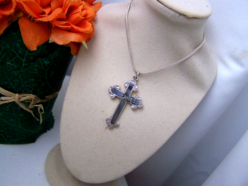 VICTORIAN 925 SOLID STERLING SILVER MONTROSE AGATE CROSS PENDANT 18" NECKLACE - Picture 2 of 15