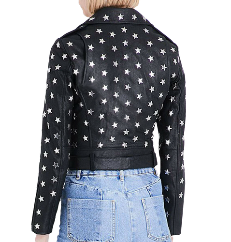 Women's Unique Style Full Silver Stars Vintage Motorcycle Biker Leather Jacket - Picture 3 of 3