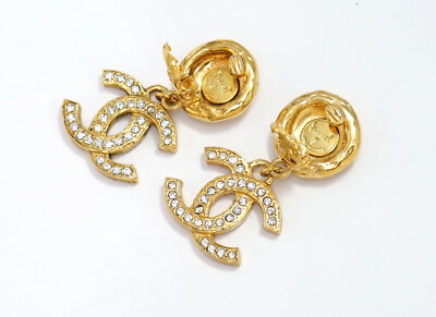 CHANEL CC Logos Rhinestone Round Drop Earrings Gold Tone