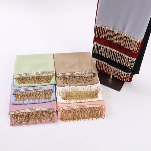 Hermoso Chifón Femenino Bufanda Larga Con Borlas Turbante Musulmán Turban Shawl - Picture 3 of 29