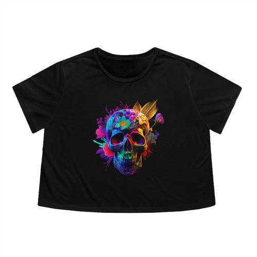 NEON FLOWER SKULL Calavera Sugar Women's Flowy CROP TOP Tee T-shirt - Picture 3 of 13
