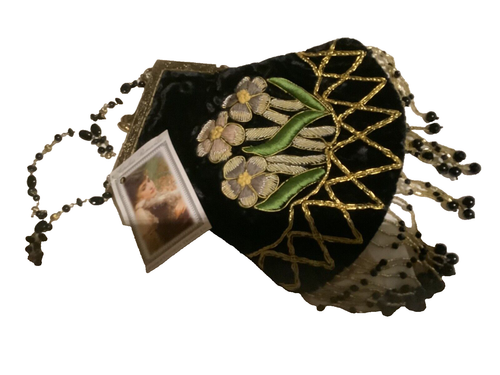 Hopeless Romantic Black Glass Beaded Evening Bag Purse with Embroidered Pansies - Picture 3 of 8
