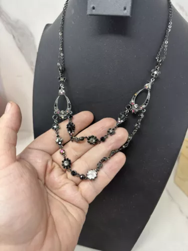 VTG Goth Style Black And Rhinestone Double Layered Choker Necklace