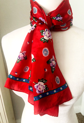 Vtg ECHO Rectangle Red Purple Paisley Blue Floral 100% Silk
