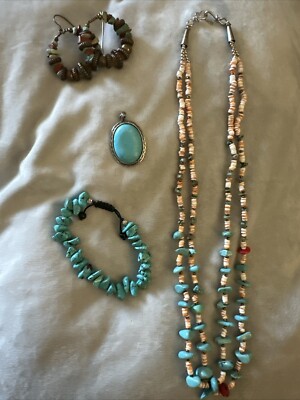 Vintage And Handmade Lot Of Turquoise And Shell Jewelry 5pcs