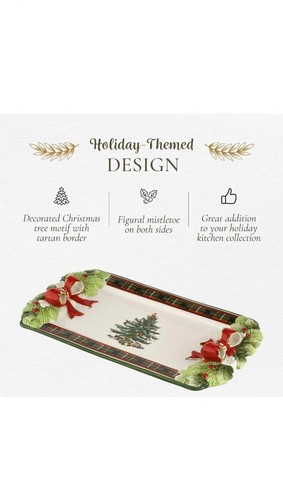 Spode Christmas Tree Figural Tartan 12 Inch Tray Bows & Holly Dolomite Handles - Picture 3 of 9