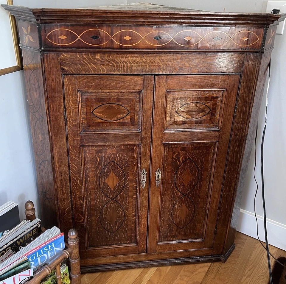 Antique Oak Inlay Hanging Corner Cupboard - Image 2 of 4