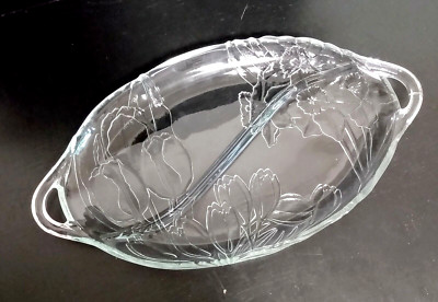 BLOSSOM CRYSTAL GLASS DIVIDED PLATTER ETCHED CUT TULIPS FLOWERS IRIS LILY? 13.75