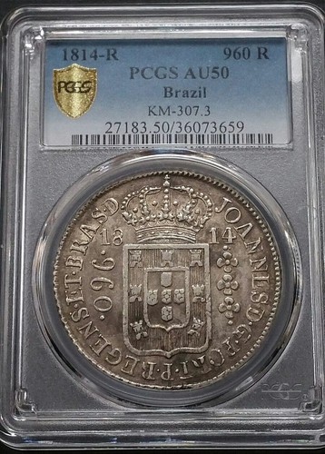 Moneda Mundial América del Sur 1814 R Brasil Gran Corona Plata 960 Reis AU 50 PCGS  - Imagen 3 de 12