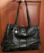 COACH Signature Satchel Patent Framed Carryall Black Silver F19215 Leather Logo