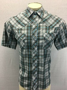 Wrangler-Short-Sleeve-Pearl-Snap-Western-Rockabilly-Gray-Blue-Plaid-Shirt-L