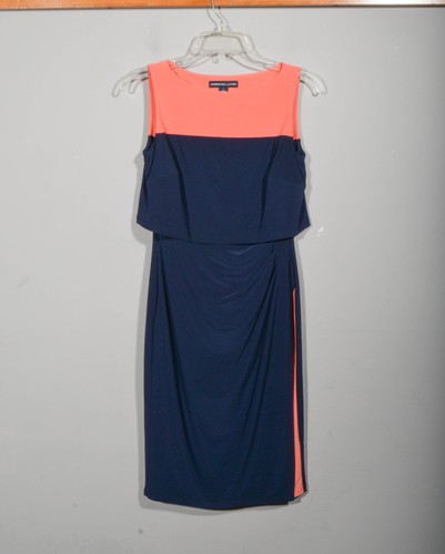 American Living Navy Salmon Colorblock Jersey Knit Ruched Sheath Dress Sz 2 - Picture 1 of 3