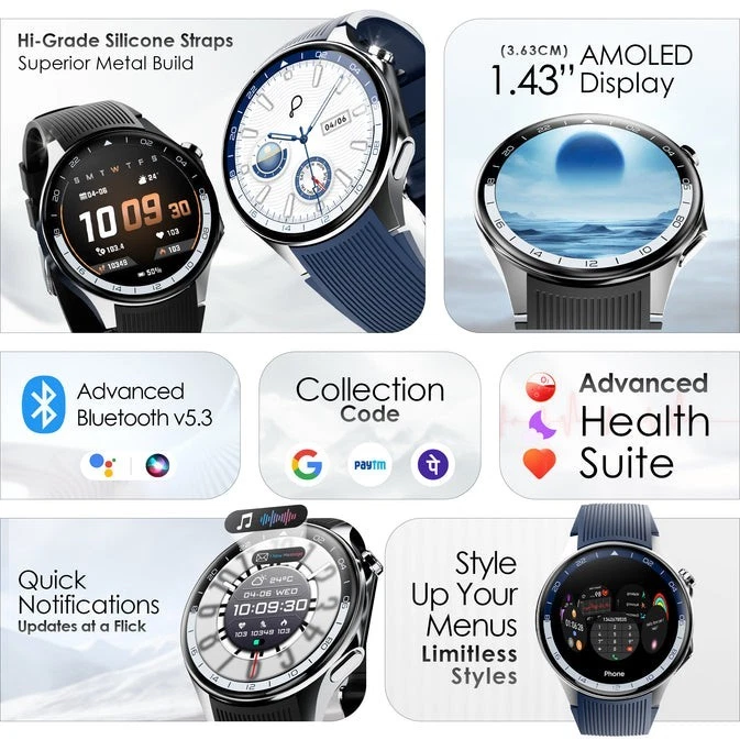 Pebble Gravity 1.43" AMOLED Display BT Calling QR Pay Digital Compass Smartwatch - Image 2 of 4