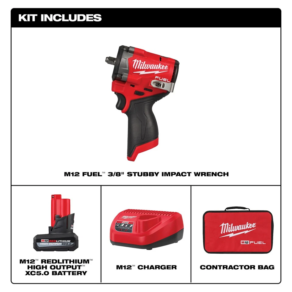 Milwaukee M12 FUEL Stubby 3/8 pulgadas Kit de llaves de impacto, tamaño de accionamiento 3/8 pulgadas, 12 V, Foto 2 de 4