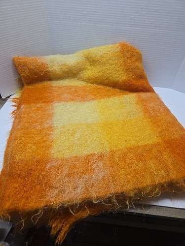 Glen Cree 100% Mohair Made In Scotland Orange Yellow Plaid Lap Blanket  72 x 44 - Picture 3 of 6
